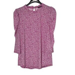 Adrianna Papell Micro Floral Puff Sleeve Top Sz LG Cottage Dainty Ruffle